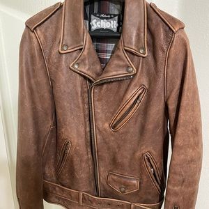 Schott NYC 626VN Vintaged Fitted Cowhide Leather Motorcycle Jacket (M) Brown